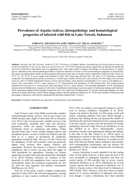 Prevalence of Argulus Indicus, Histopathology and Hematological Properties of Infected Wild Fish in Lake Towuti, Indonesia