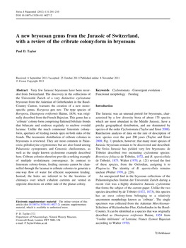 A New Bryozoan Genus from the Jurassic of Switzerland, with a Review of the Cribrate Colony-Form in Bryozoans