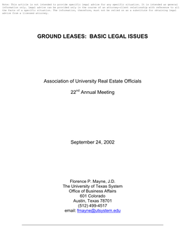 Ground Leases: Basic Legal Issues