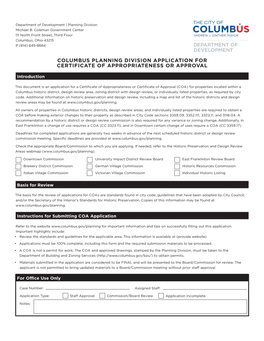 Columbus Planning Division Application for Certificate of Appropriateness Or Approval