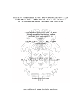 The Impact That Defense Reform Had on Procurement of Major Weapons Systems: a Case Study of the V-22 and the Effect of the Goldwater-Nichols Act on Its Procurement