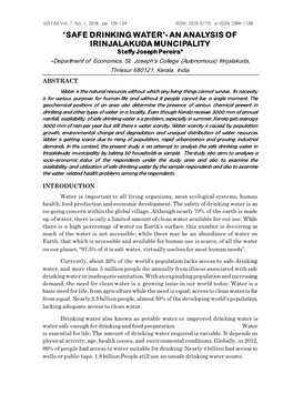 SAFE DRINKING WATER’- an ANALYSIS of IRINJALAKUDA MUNCIPALITY Steffy Joseph Pereira* *Department of Economics, St