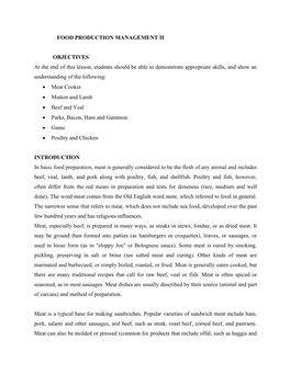 FOOD PRODUCTION MANAGEMENT II OBJECTIVES at the End of This Lesson, Students Should Be Able to Demonstrate Appropriate Skills, A