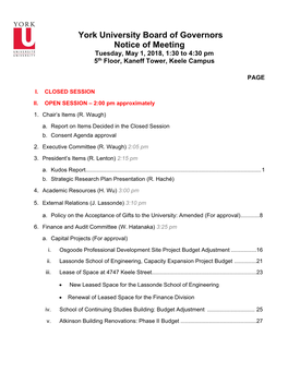 York University Board of Governors Notice of Meeting Tuesday, May 1, 2018, 1:30 to 4:30 Pm 5Th Floor, Kaneff Tower, Keele Campus