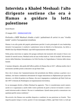 Alto Dirigente Sostiene Che Ora È Hamas a Guidare La Lotta Palestinese