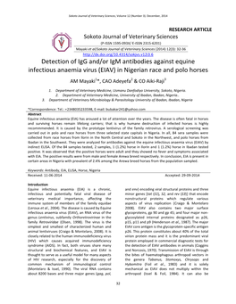 Detection of Igg And/Or Igm Antibodies Against Equine Infectious Anaemia Virus (EIAV) in Nigerian Race and Polo Horses