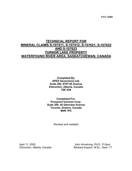 Turnor Lake Technical Report