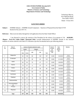 12011/19/2010 INSPIRE (Kerala)/GEN Government of India Ministry of Science and Technology Department of Science and Technology