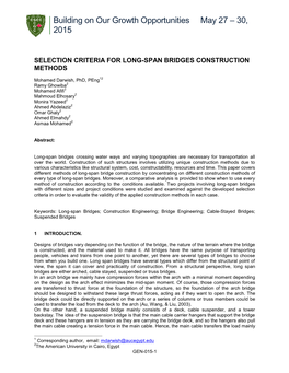 30, 2015 Miser Sur Nos Opportunités De Croissance REGINA, SK SELECTION CRITERIA for LONG-SPAN BRIDGES CONSTRUCTION METHODS