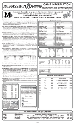 GAME INFORMATION Mississippi Braves Media Relations Department Trustmark Park • 1 Braves Way • Pearl, Ms • 39208