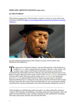 OBITUARY: ORNETTE COLEMAN 1930-2015 by John Fordham