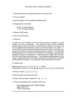 Information Sheet on Ramsar Wetlands 1. Date This Sheet Was