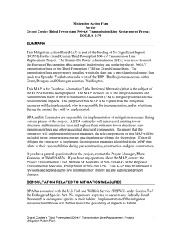 Mitigation Action Plan for the Grand Coulee Third Powerplant 500-Kv Transmission Line Replacement Project DOE/EA-1679