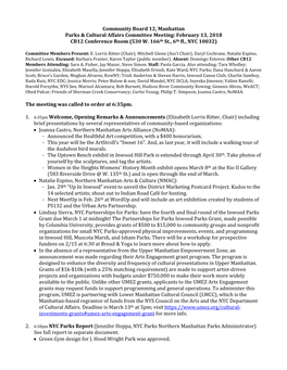 Community Board 12, Manhattan Parks & Cultural Affairs Committee Meeting: February 13, 2018 CB12 Conference Room (530 W