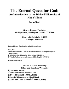 The Eternal Quest for God: an Introduction to the Divine Philosophy of `Abdu'l-Bahá Julio Savi