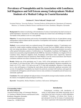 Prevalence of Nomophobia and Its Association with Loneliness, Self Happiness and Self Esteem Among Undergraduate Medical Student