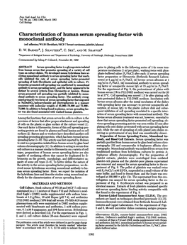 Characterization of Human Serum Spreading Factor with Monoclonal Antibody (Cell Adhesion/WI-38 Fibroblasts/MCF-7 Breast Carcinoma/Platelet/Plasma) D