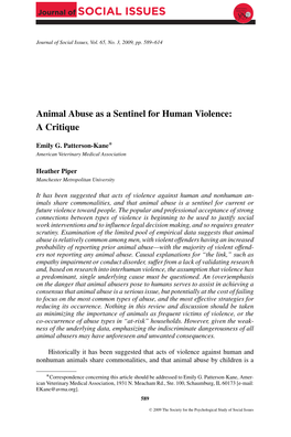 Animal Abuse As a Sentinel for Human Violence: a Critique ∗ Emily G