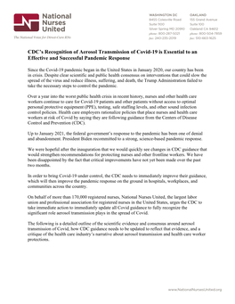 CDC's Recognition of Aerosol Transmission of Covid-19 Is