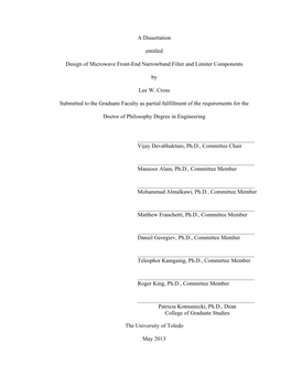 A Dissertation Entitled Design of Microwave Front-End Narrowband