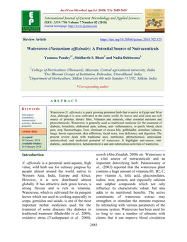 Watercress (Nasturtium Officinale): a Potential Source of Nutraceuticals