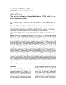 The Abnormal Expression of CCR4 and CCR6 on Tregs in Rheumatoid Arthritis