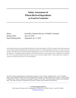 Safety Assessment of Wheat-Derived Ingredients As Used in Cosmetics