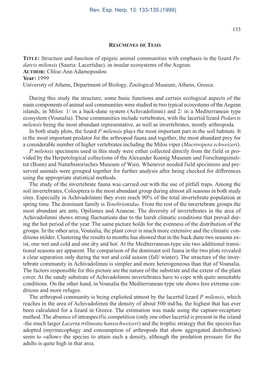 TITLE: Structure and Function of Epigeic Animal Communities with Emphasis in the Lizard Po- Darcis Milensis (Sauria: Lacertidae), in Insular Ecosystems of the Aegean