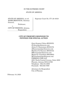 IN the SUPREME COURT STATE of ARIZONA STATE of ARIZONA, Ex Rel. MARK BRNOVICH, Attorney General, Petitioner, V. CITY of PHOENIX