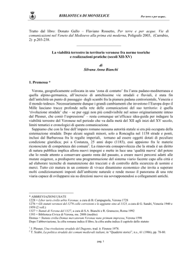 BIBLIOTECA DI MONSELICE Tratto Dal Libro: Donato Gallo – Flaviano Rossetto, Per Terre E Per Acque. Vie Di Comunicazioni Nel Ve