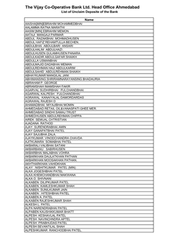 The Vijay Co-Operative Bank Ltd. Head Office Ahmedabad List of Unclaim Deposite of the Bank