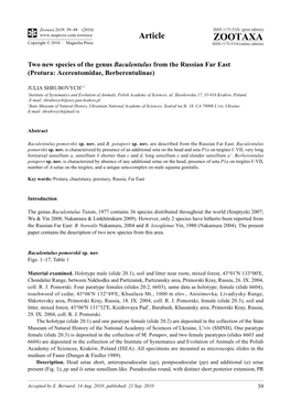 Zootaxa, Two New Species of the Genus Baculentulus from The