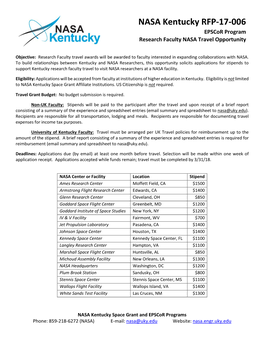 NASA Kentucky RFP-17-006 Epscor Program Research Faculty NASA Travel Opportunity