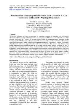 Nehemiah As an Exemplary Political Leader in Judah (Nehemiah 3: 1-32): Implications and Lessons for Nigeria Political Leaders