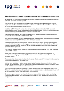 TPG Telecom to Power Operations with 100% Renewable Electricity