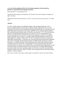 A Review and Investigation of the Non-Newtonian Properties of Lavas Based on Laboratory Experiments with Analogue Materials 1 2 BAGDASSAROV N