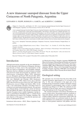 A New Titanosaur Sauropod Dinosaur from the Upper Cretaceous of North Patagonia, Argentina