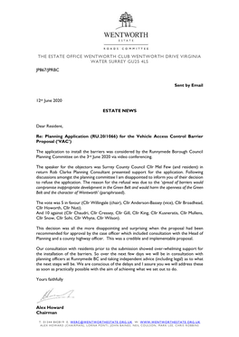 THE ESTATE OFFICE WENTWORTH CLUB WENTWORTH DRIVE VIRGINIA WATER SURREY GU25 4LS JP867/JPRBC Sent by Email 12Th June 2020 ESTATE