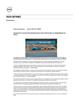 Polestar Cyan Racing Marque Deja Des Points Des Le Demarrage Du Wtcc