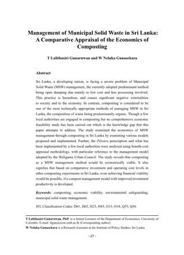 Management of Municipal Solid Waste in Sri Lanka: a Comparative Appraisal of the Economics of Composting