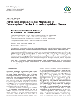 Review Article Polyphenol Stilbenes: Molecular Mechanisms of Defence Against Oxidative Stress and Aging-Related Diseases