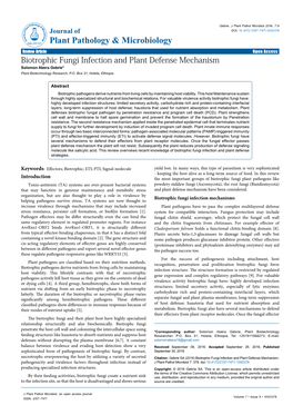 Biotrophic Fungi Infection and Plant Defense Mechanism Solomon Abera Gebrie* Plant Biotechnology Research, P.O