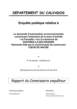 DEPARTEMENT DU CALVADOS Rapport Du Commissaire Enquêteur