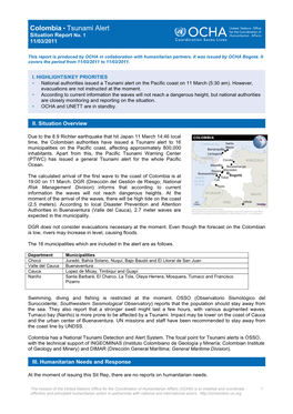 Sit Rep 1 Tsunami Alert Colombia Pacific Coast 11032011