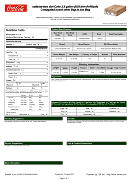 Caffeine-Free Diet Coke 2.5 Gallon (US) Non-Refillable Corrugated Board Other Bag in Box Bag