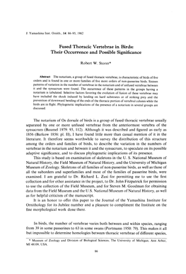 Fused Thoracic Vertebrae in Birds: Their Occurrence and Possible Significance