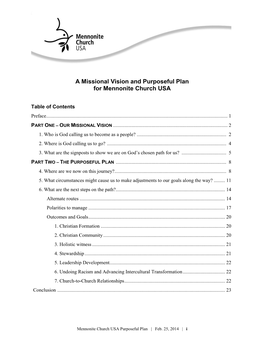 A Missional Vision and Purposeful Plan for Mennonite Church USA