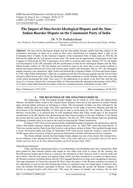 The Impact of Sino-Soviet Ideological Dispute and the Sino- Indian Boarder Dispute on the Communist Party of India