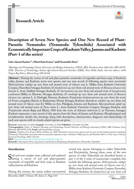 Parasitic Nematodes (Nematoda: Tylenchida) Associated with Economically Important Crops of Kashmir Valley, Jammu and Kashmir (Part-1 of the Series)