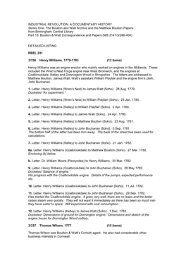 The Boulton and Watt Archive and the Matthew Boulton Papers from Birmingham Central Library Part 13: Boulton & Watt Correspondence and Papers (MS 3147/3/286­404)